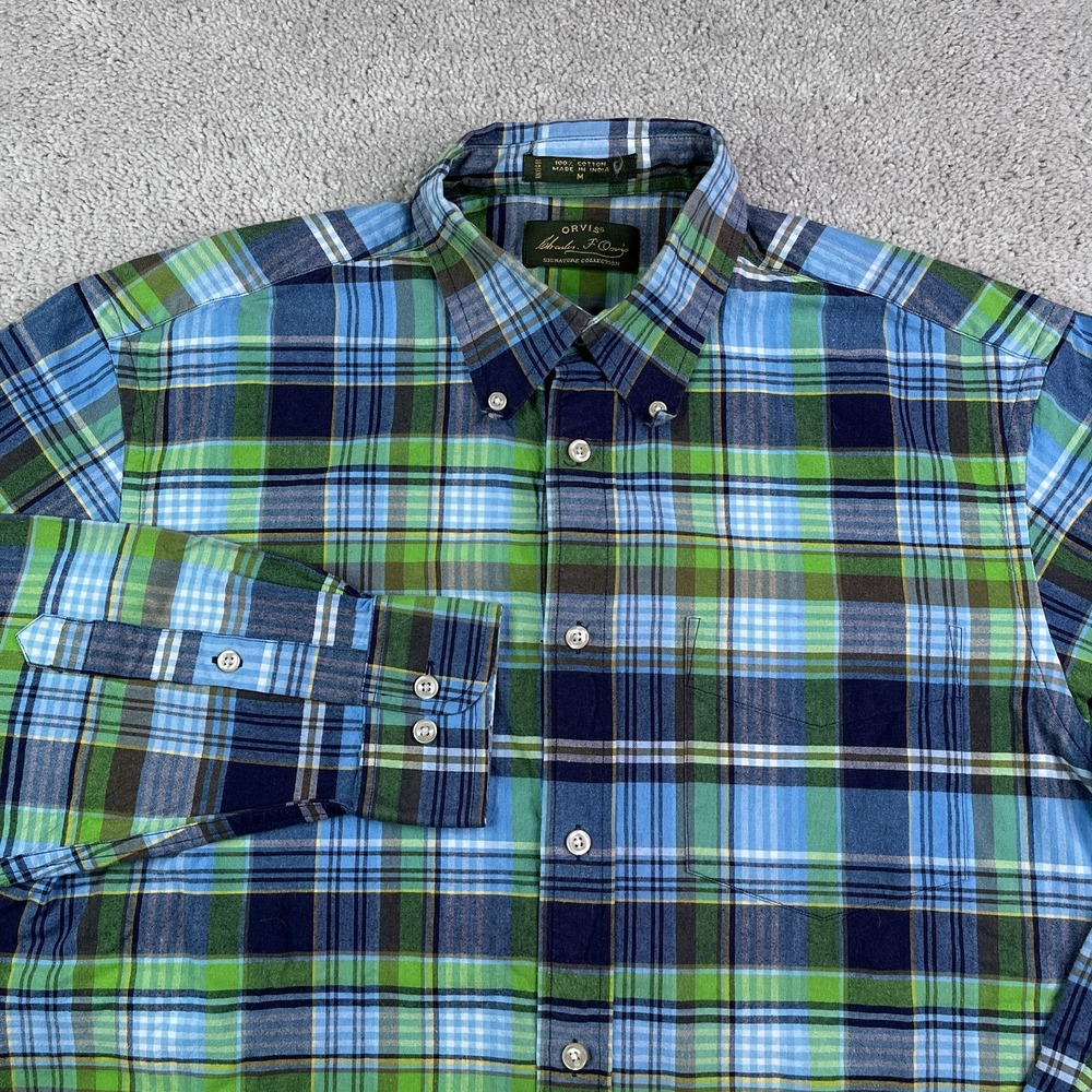 Orvis Shirt Mens Medium Blue Green Plaid Signature Oxford Button Down OCBD
